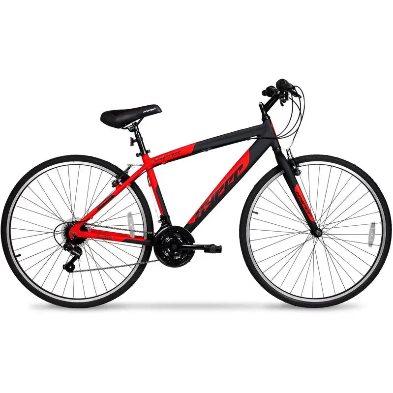 Hyper Bicycle 700C Men's Spin Fit Hybrid Bike, 21-Speed, Black/Red