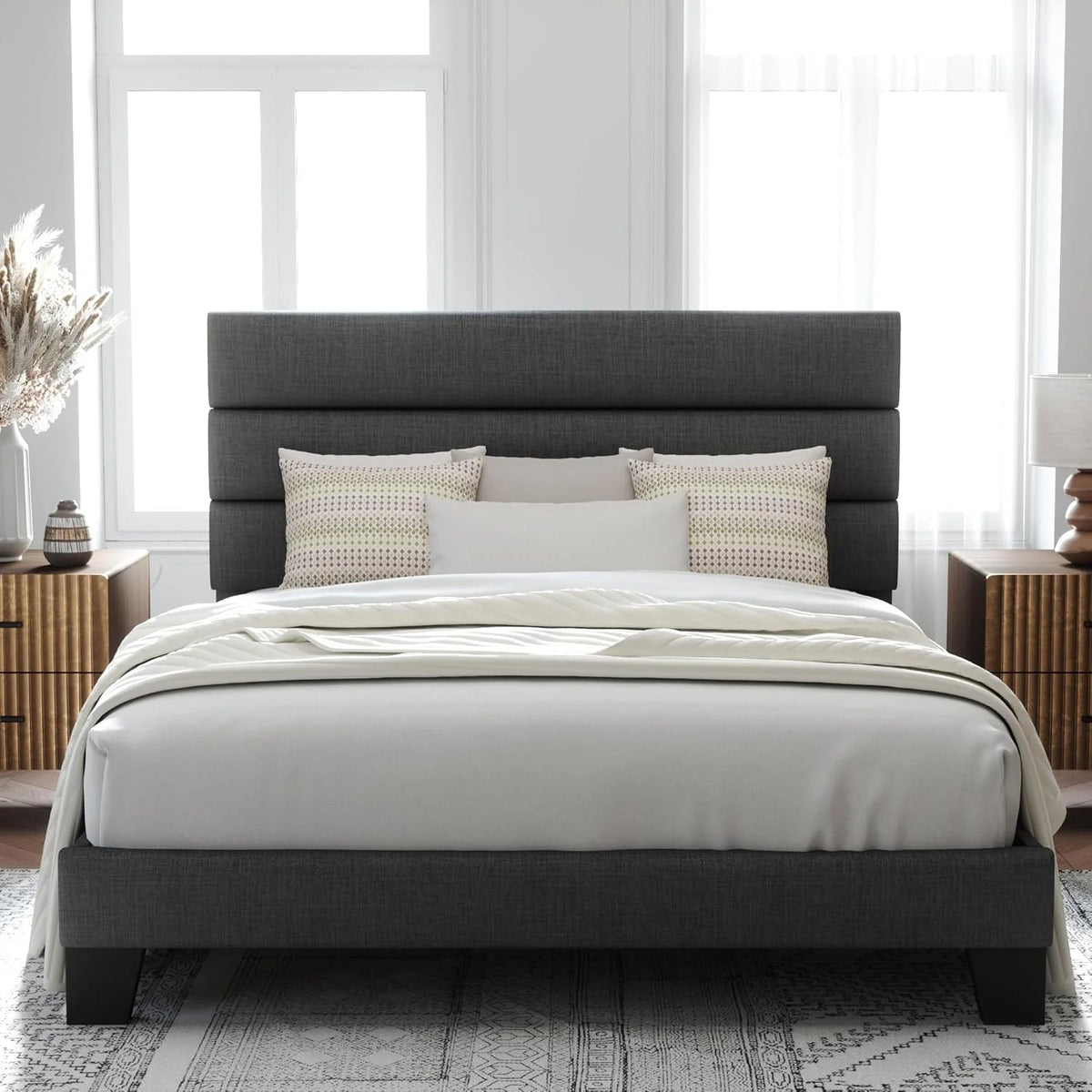 Queen Size Upholstered Platform Bed Frame With Headboard - Dark Gray Fabric