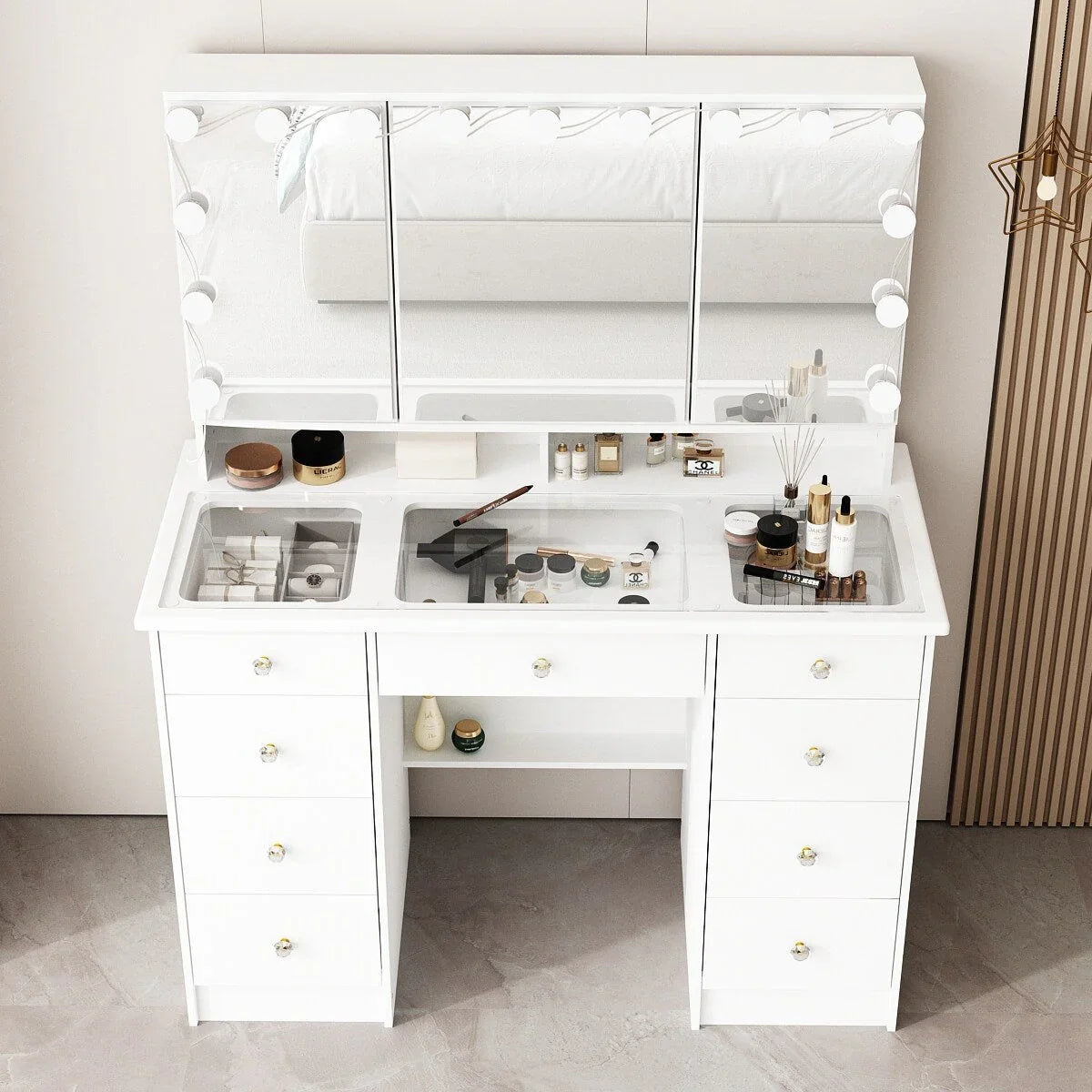 Makeup Vanity Dresser With Tri-Fold Mirror, Glass Top And 15 Bulbs - 40.2 x 53.6 x 19.7