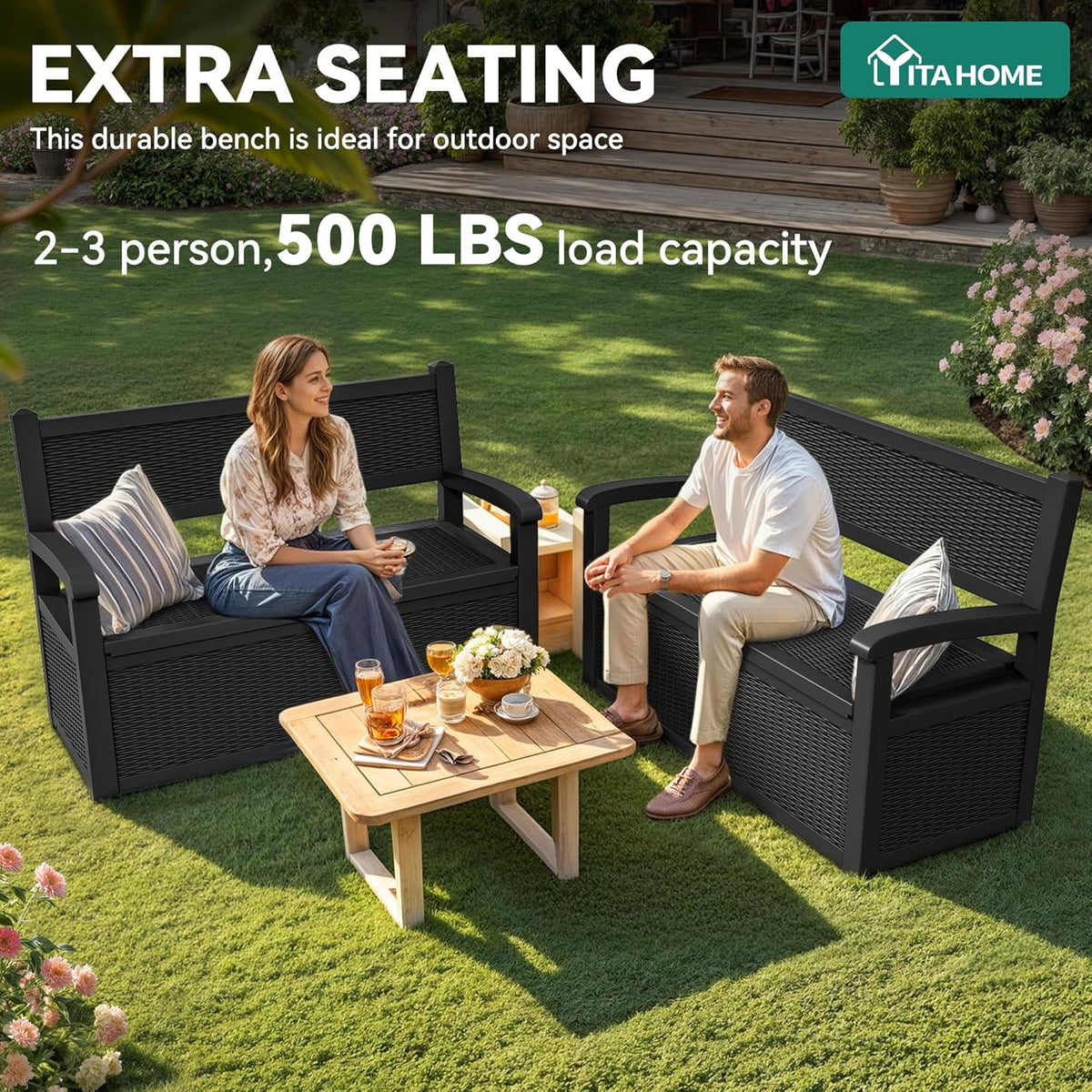 YITAHOME Outdoor Storage Bench With Armrests, 70-Gallon, Black