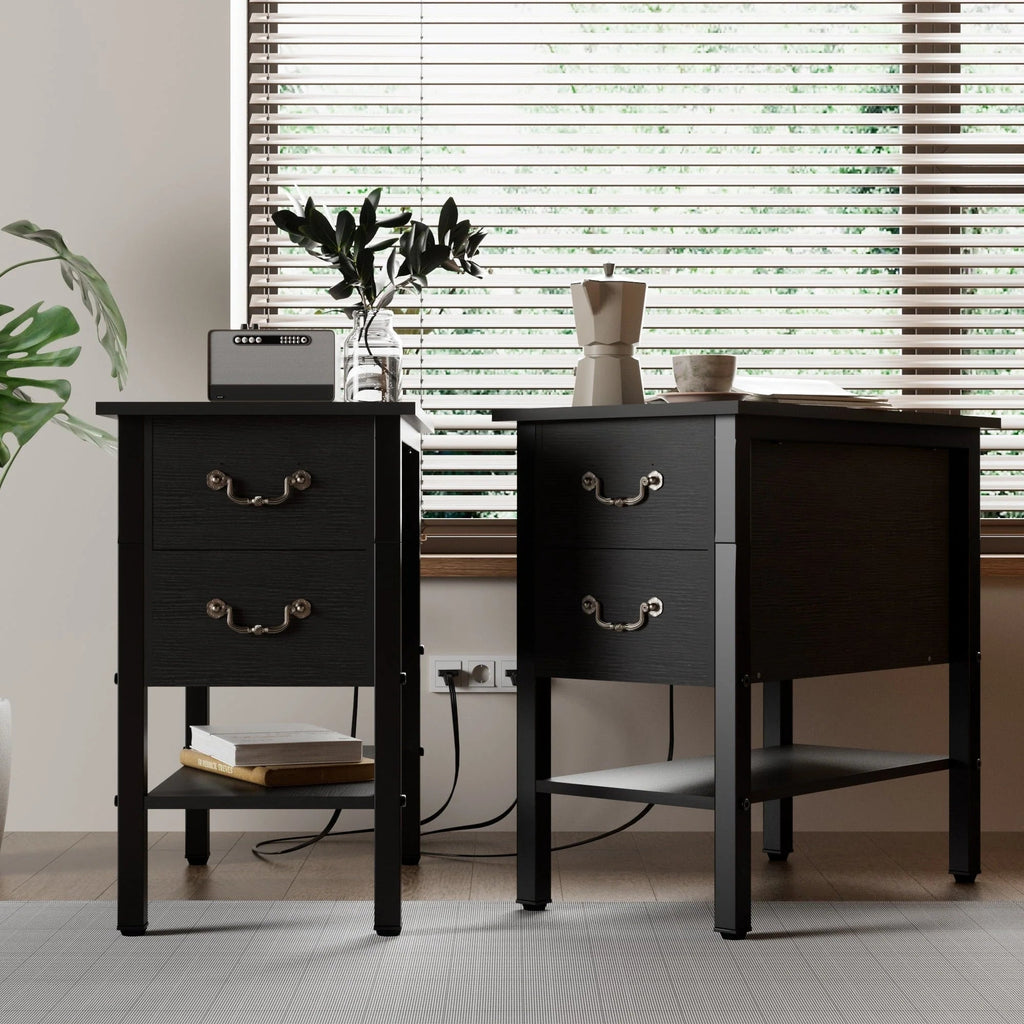 Narrow End Table With Charging Station, 2 Drawers, 19.6 in L x 11.8 in W x 23.6 in H, Gray/Black - 1-pcs / 2-pcs