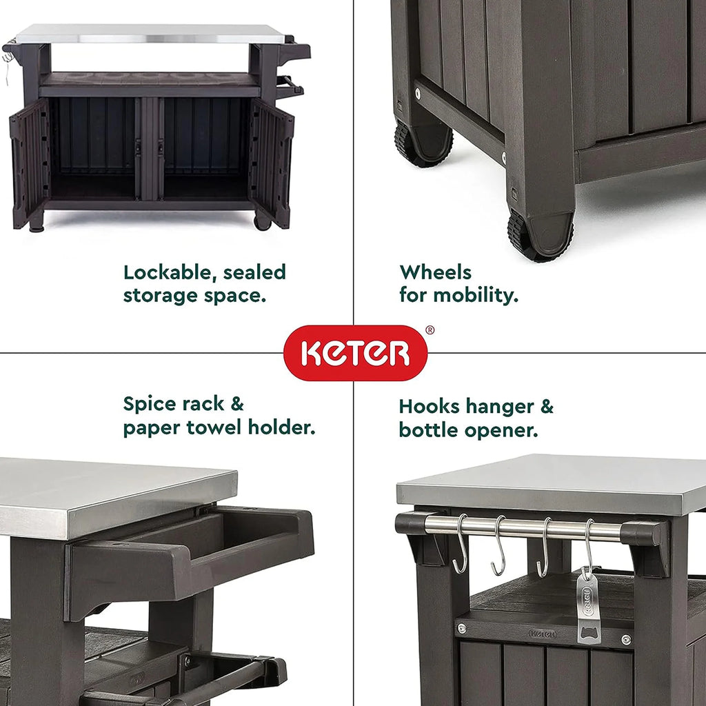 Keter Outdoor Kitchen Rolling Bar Cart, Brown, 78 Gallon - Unity XL