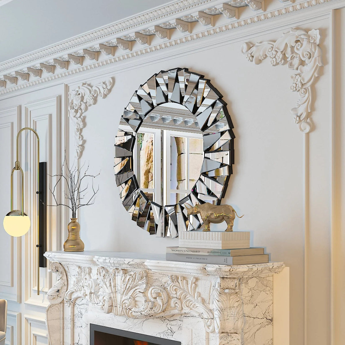 32 Inch Round Sunburst Decorative Wall Mirror, Silver Glass - 31.5 Inch