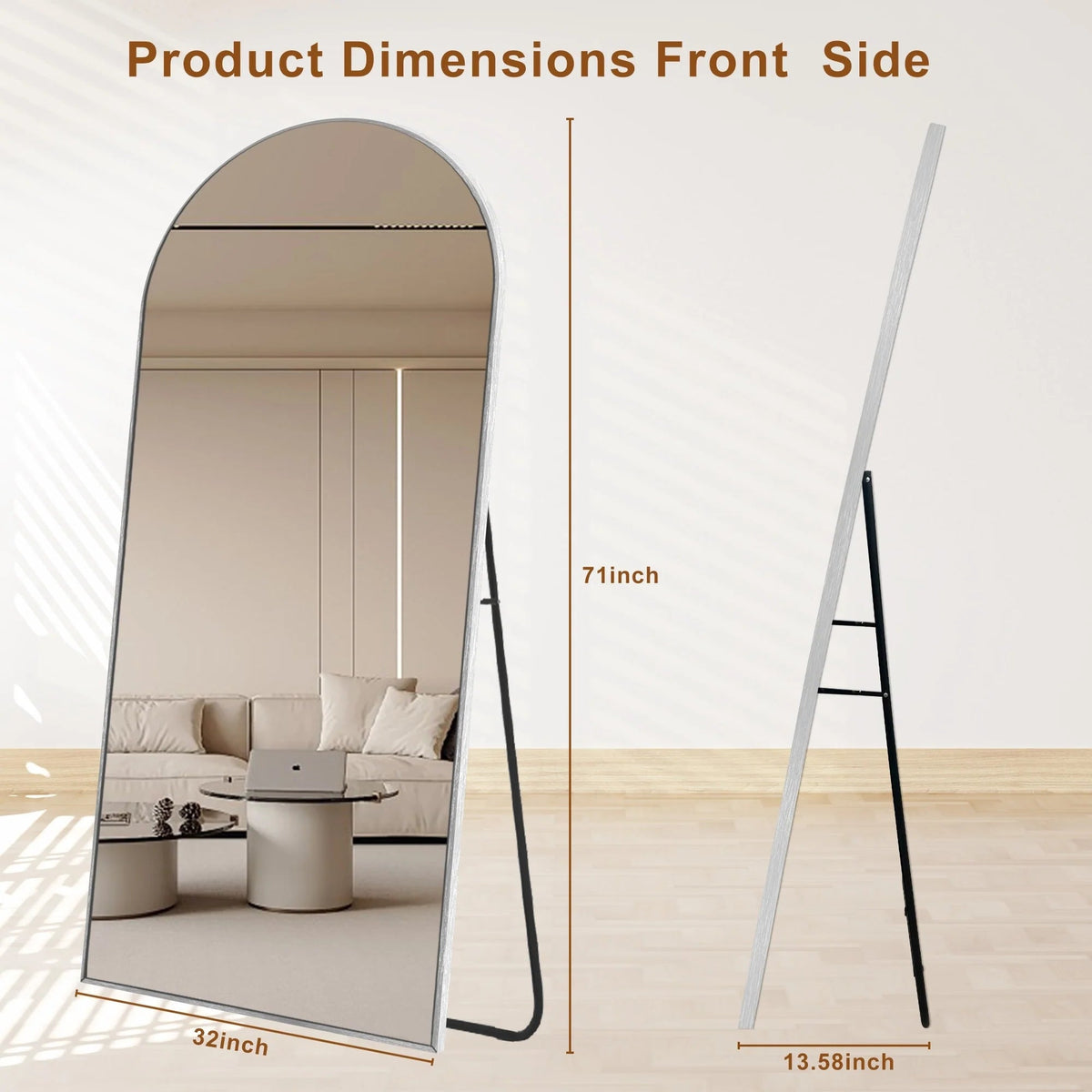 Arched Full Length Floor Mirror With Aluminum Alloy Frame - 65x22, 71x24, 71x28, 71x32
