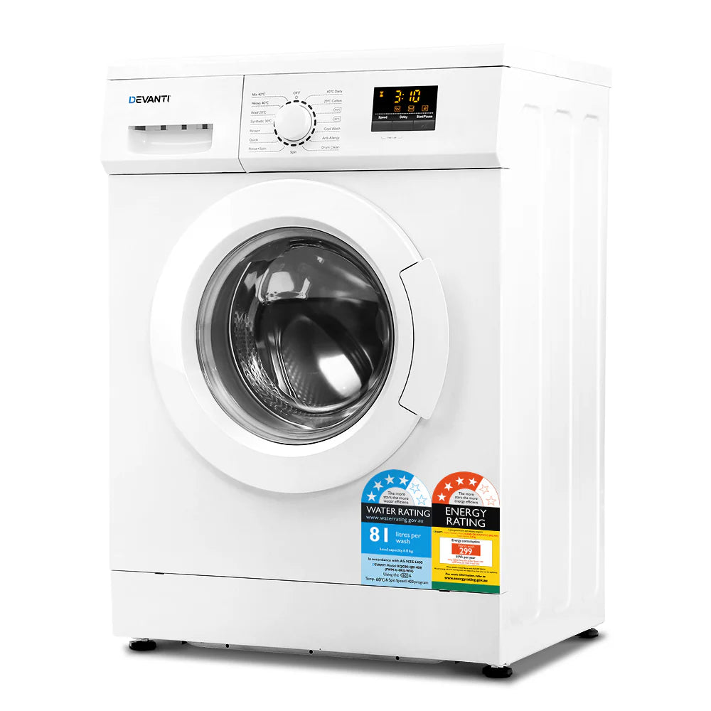 Devanti Front Load Washing Machine 8kg, 15 Programs, White - 59cm x 52cm x 84.5cm