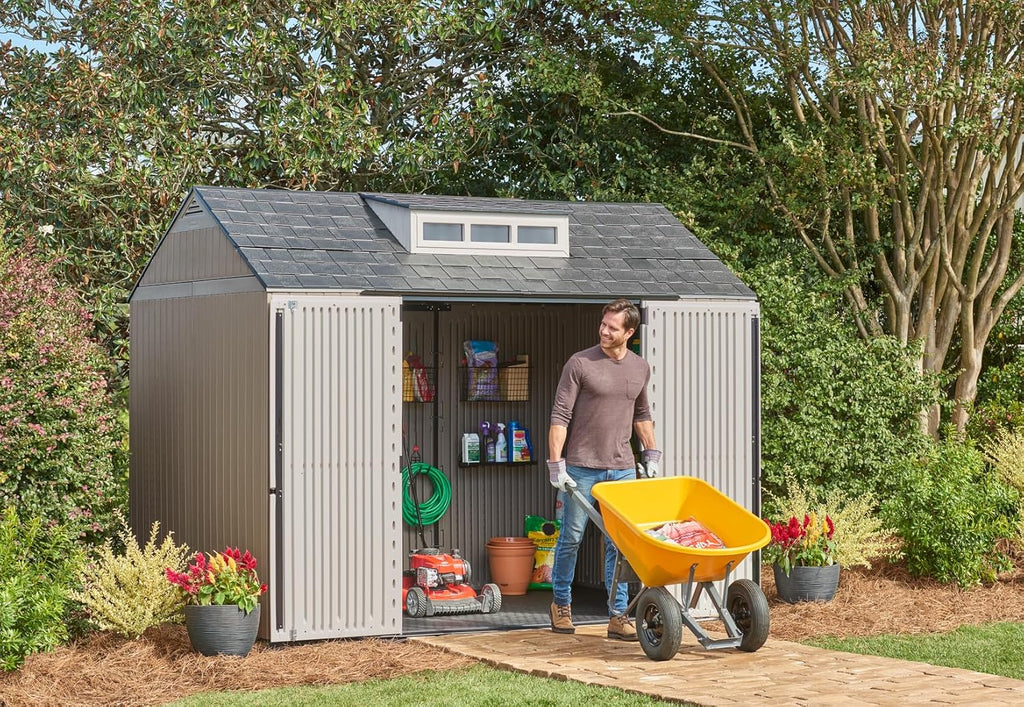 Rubbermaid Resin Outdoor Storage Shed With Floor, 7 x 7 Ft, Gray