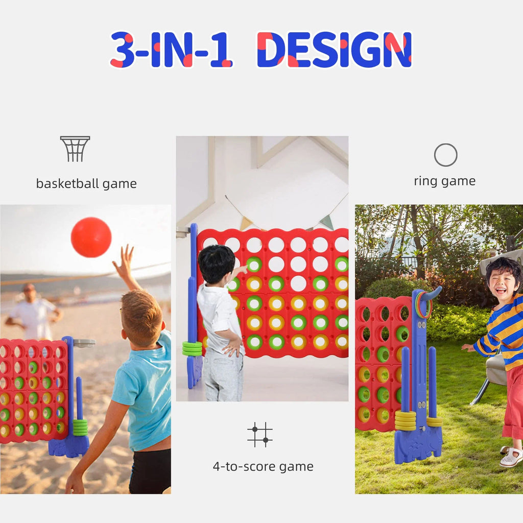 UNICOO 3-in-1 Giant 4 in a Row, Basketball Hoop and Ring Toss Game - Red + Blue