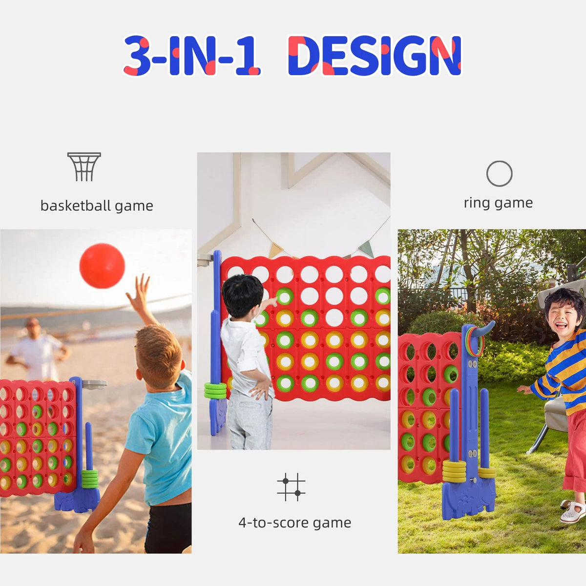 UNICOO 3-in-1 Giant 4 in a Row, Basketball Hoop and Ring Toss Game - Red + Blue