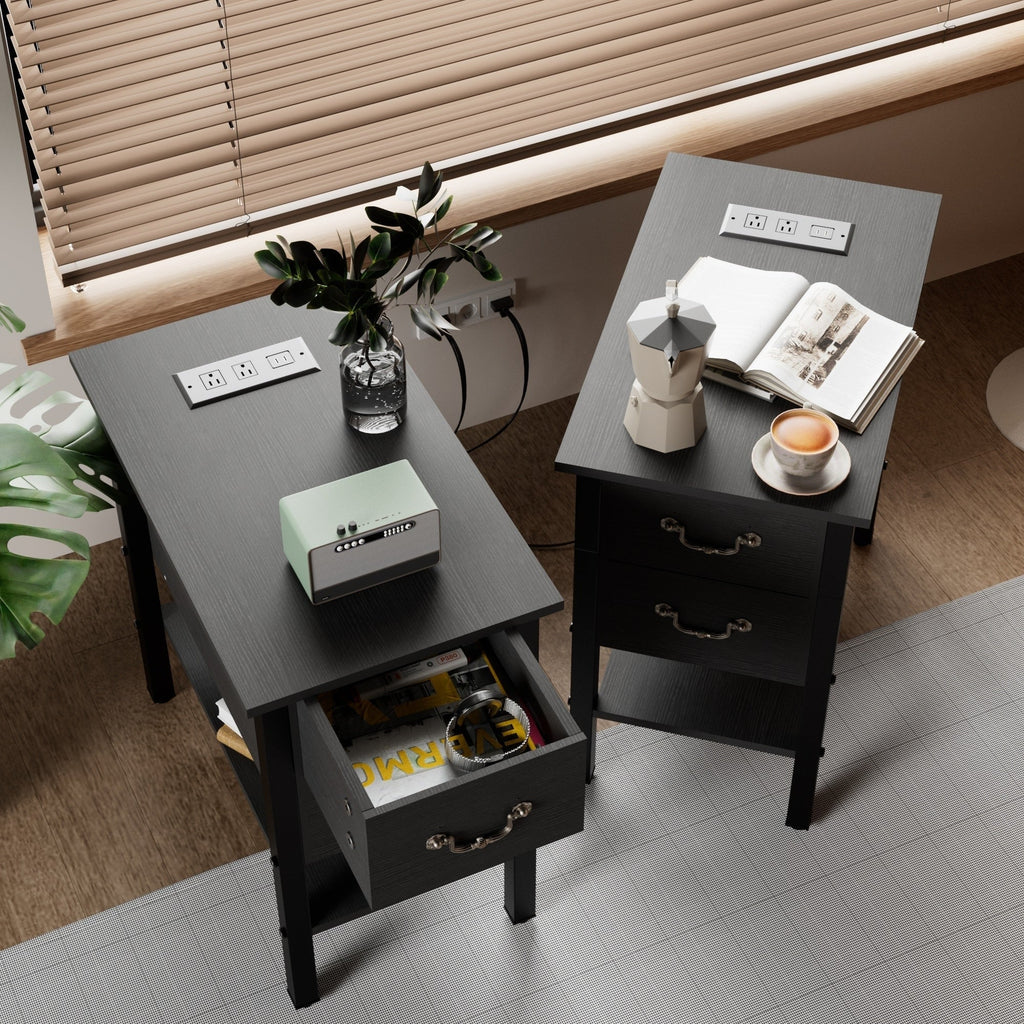 Narrow End Table With Charging Station, 2 Drawers, 19.6 in L x 11.8 in W x 23.6 in H, Gray/Black - 1-pcs / 2-pcs