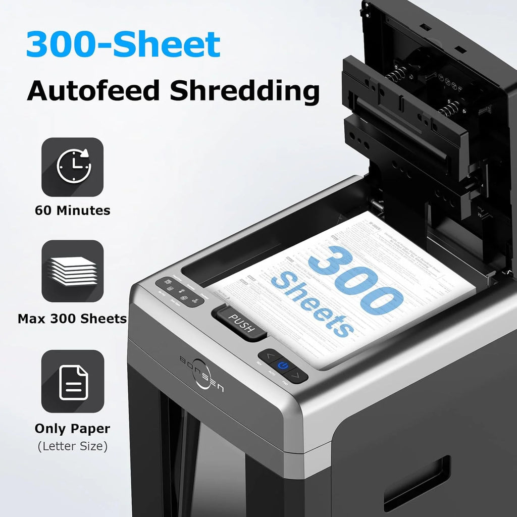 BONSEN Auto Feed Micro-Cut Paper Shredder, 300-Sheet, 60 Min, P-4, 8.1 Gal - Black