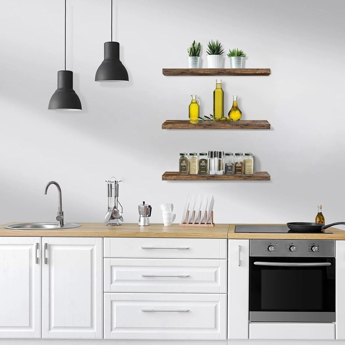 Floating Engineered Wood Wall Shelves, Set Of 3, 23.75 in x 9.25 in