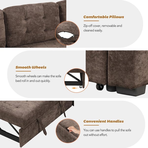 82.6 in L-Shaped Corded Velveteen Sectional Sleeper Sofa, Brown, USB Ports And Power Sockets - 82.6 in W x 82.6 in D x 33 in H