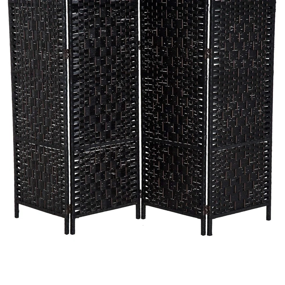 6 Ft Tall Four-Panel Wicker Weave Room Divider, Black Wood Privacy Screen