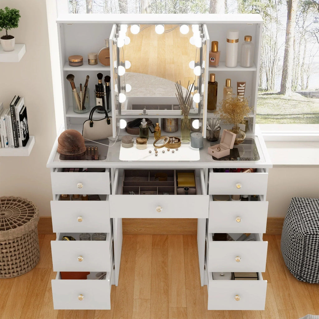 Makeup Vanity Dresser With Tri-Fold Mirror, Glass Top And 15 Bulbs - 40.2 x 53.6 x 19.7