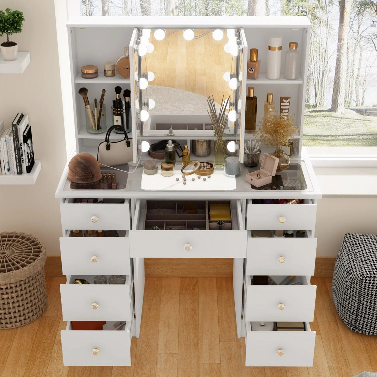 Makeup Vanity Dresser With Tri-Fold Mirror, Glass Top And 15 Bulbs - 40.2 x 53.6 x 19.7