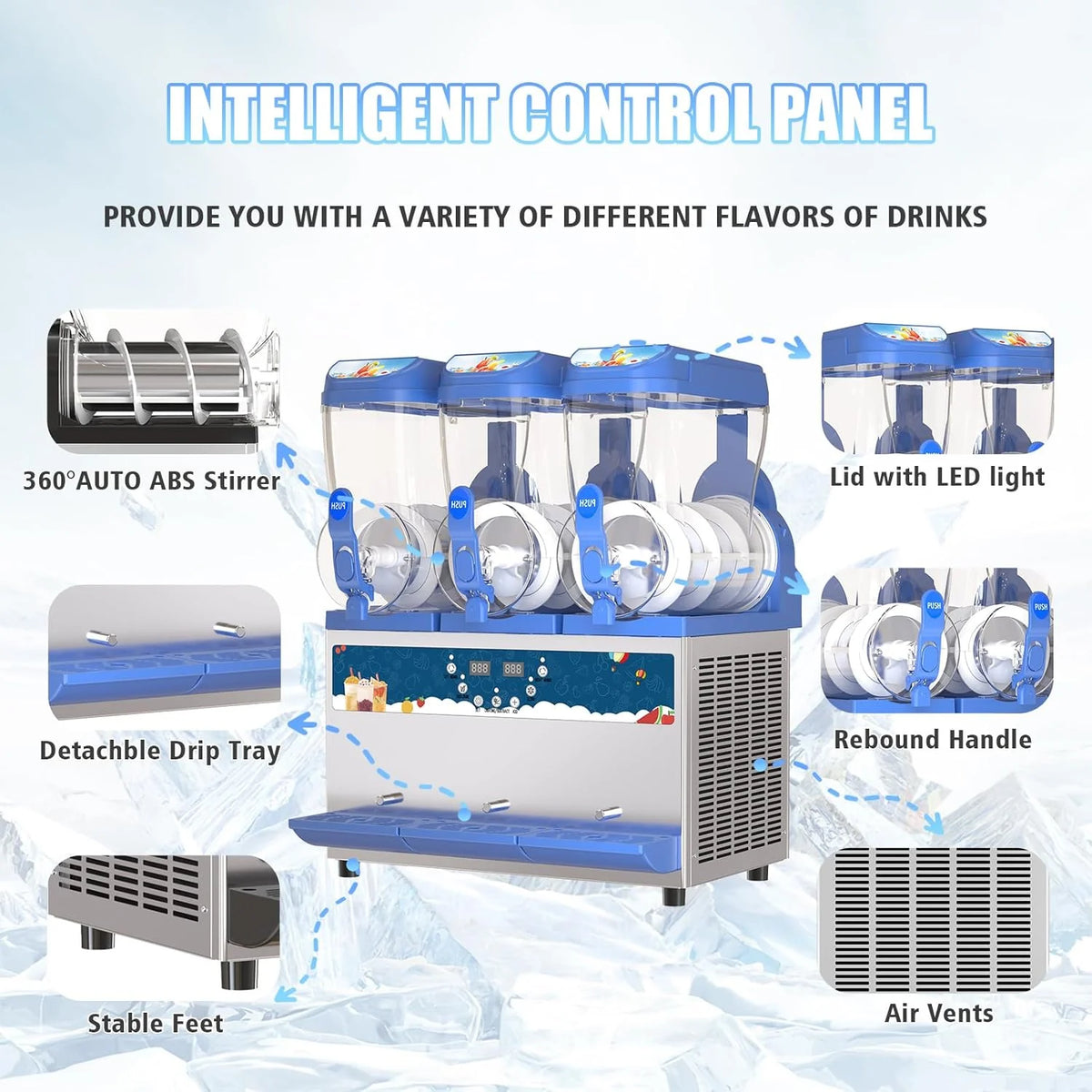 AnyDoor Commercial Slushy Machine, 30L, 1000W, Stainless Steel, Blue - 300-X