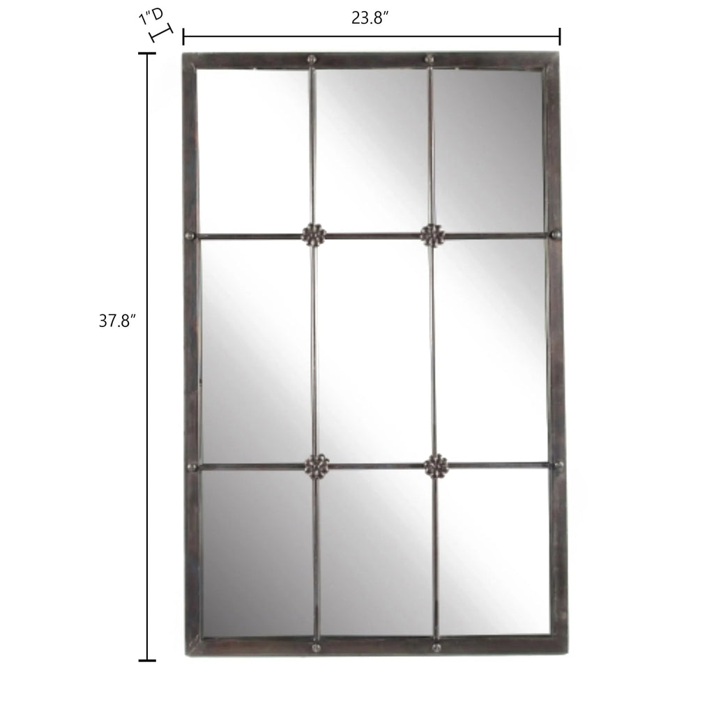 Rustic Brown Windowpane Wall Mirror With Metal Frame, 37.75 in H x 23.8 in W