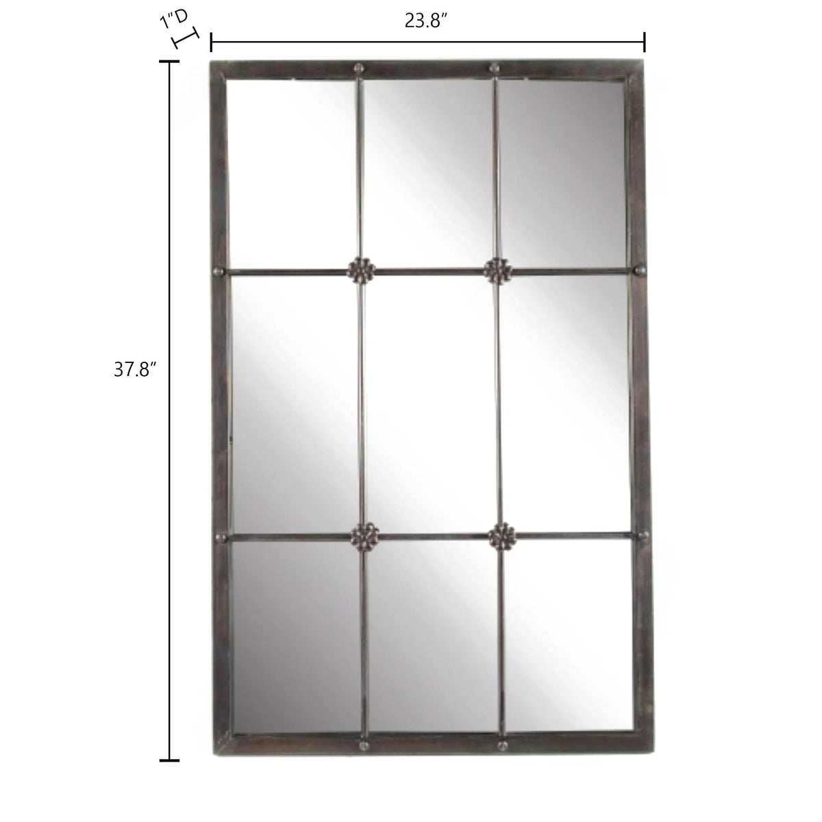 Rustic Brown Windowpane Wall Mirror With Metal Frame, 37.75 in H x 23.8 in W