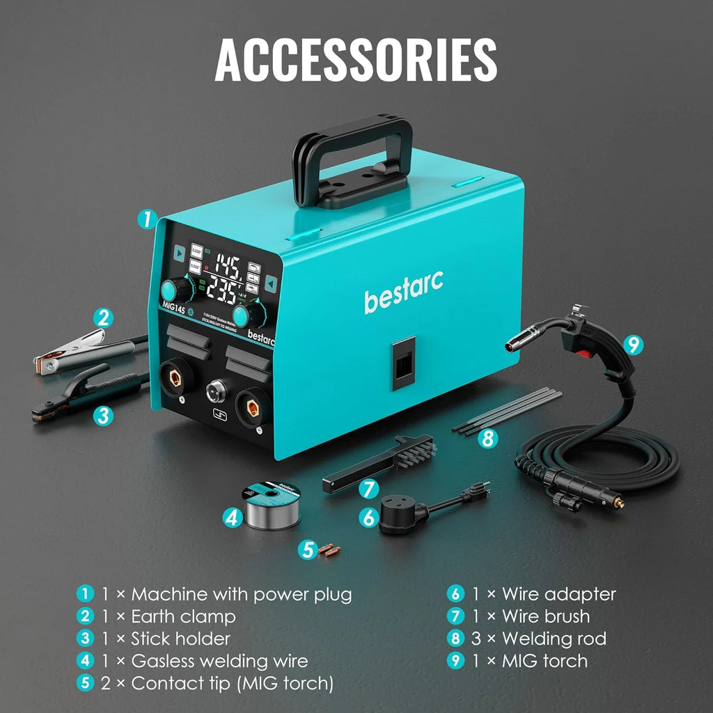 bestarc 145A 3-in-1 MIG Welder, 110V/220V - MIG145-9GEN-110/220V, MIG145-1122