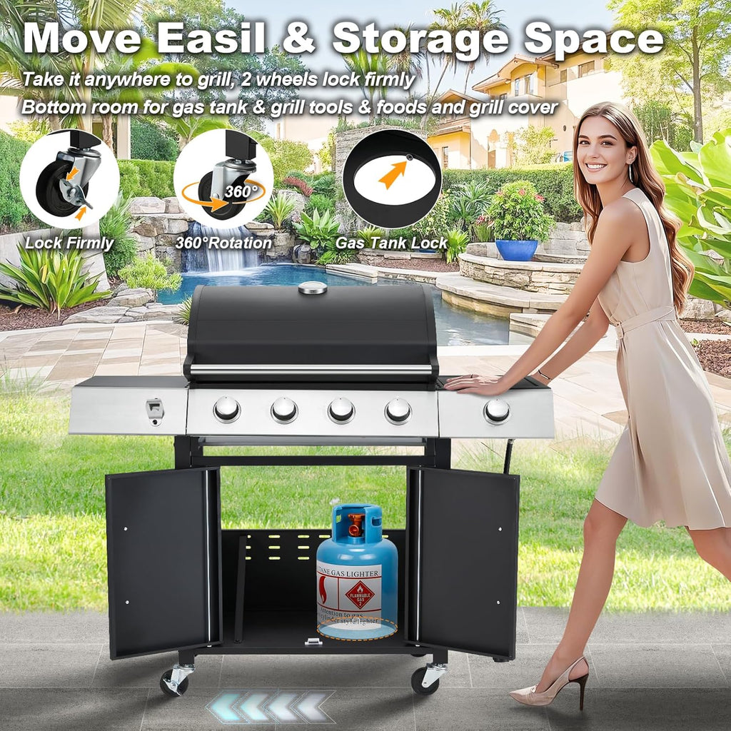 MELLCOM 4 Burner Propane Gas Grill With Cast Iron Grates And Side Stove, 44,000 BTU, Black - BBQ-4+1