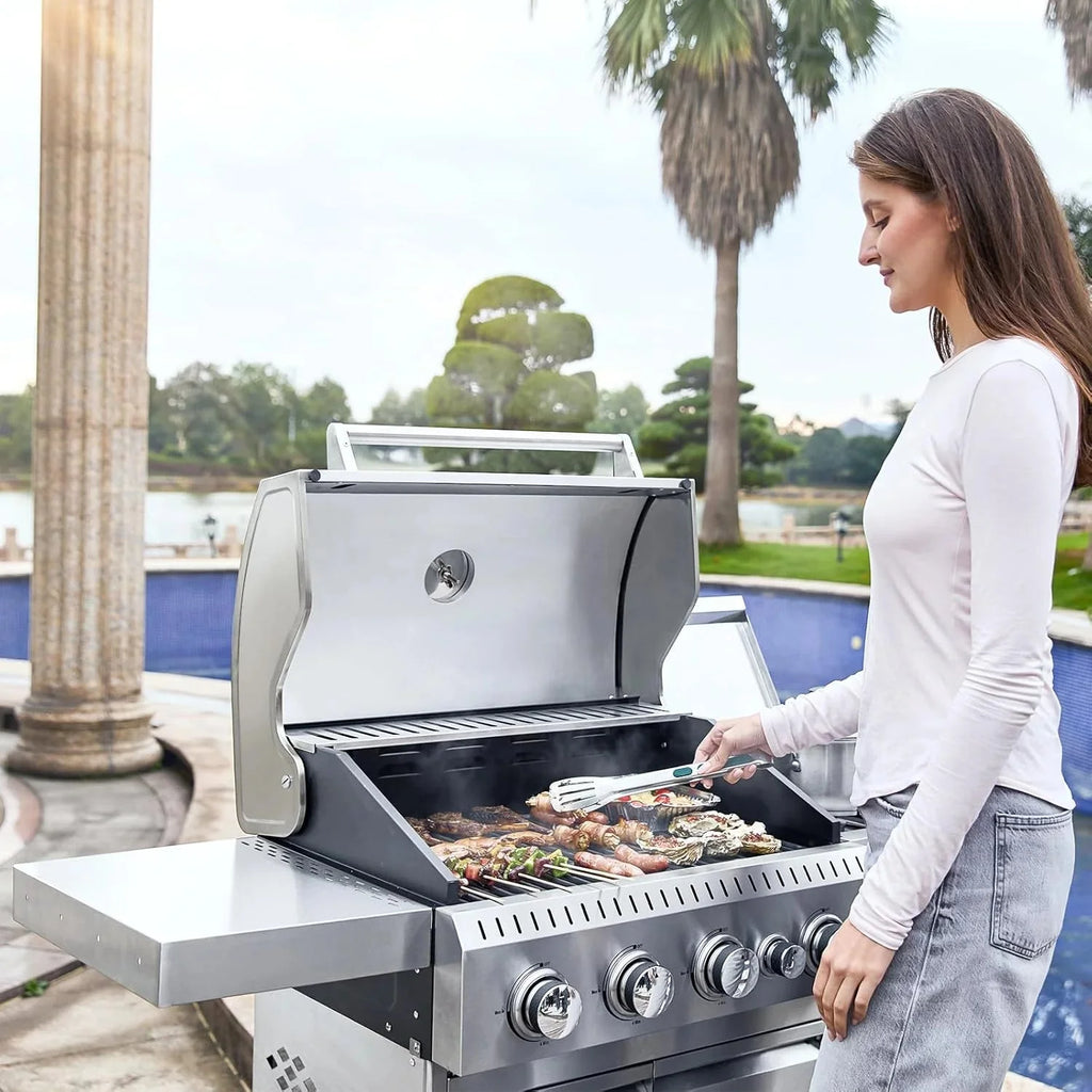 MELLCOM 4 Burner Propane Gas Grill With Cast Iron Grates And Side Stove, 44,000 BTU, Black - BBQ-4+1