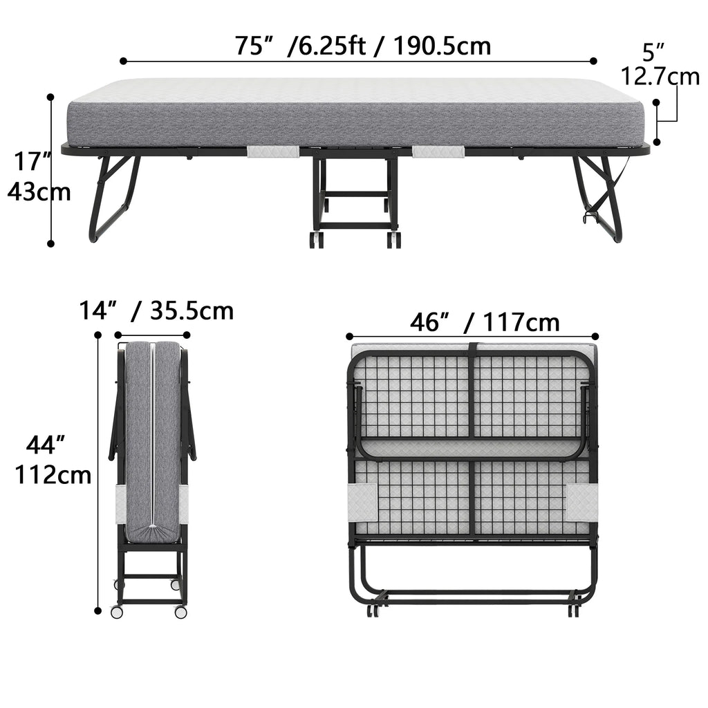 Folding Rollaway Guest Bed With 75in x 31in Cot Mattress And 5in Memory Foam