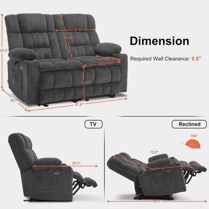 MCombo Power Reclining Loveseat With Heat, Vibration, Cupholders And USB Charge Ports - RS6314