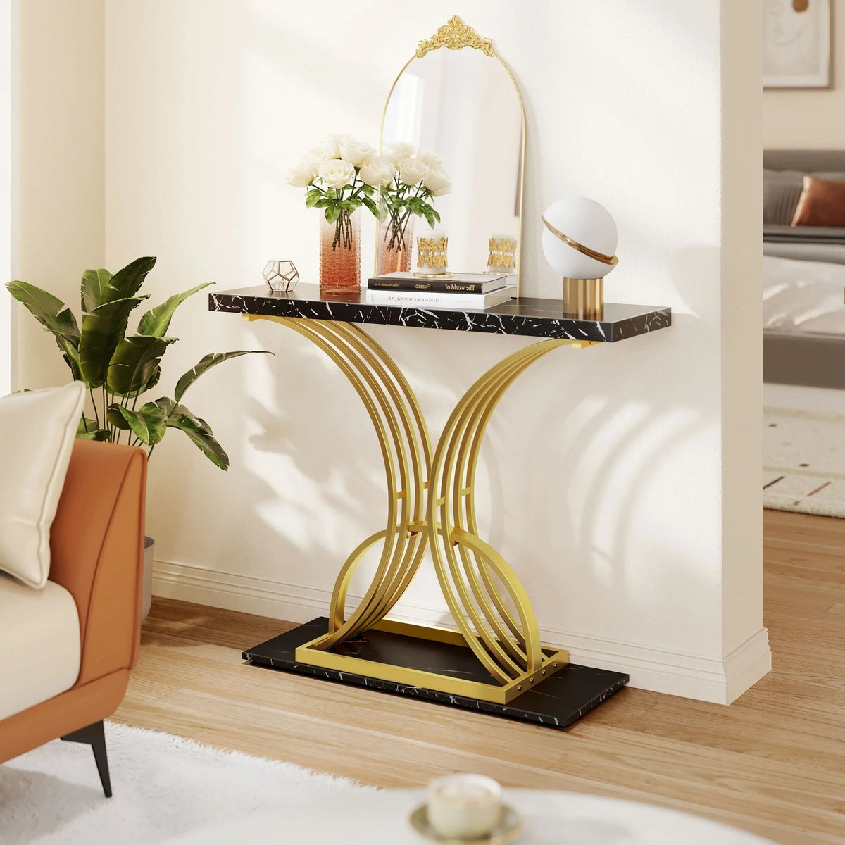 Console Table With Faux Marble MDF Top And Gold Metal Frame