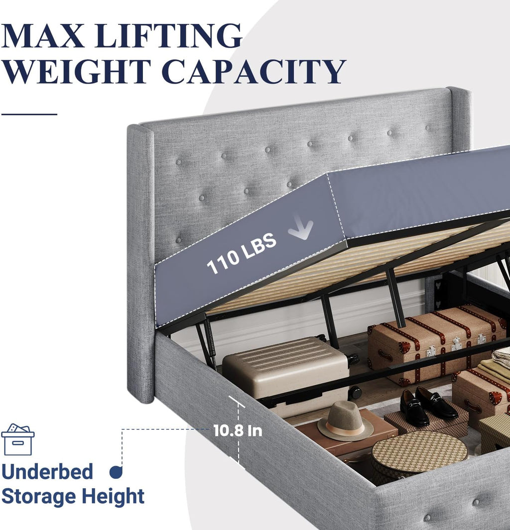 Queen Size Lift-Up Storage Bed With Wingback Headboard, Upholstered Platform Bed Frame With Hidden Storage