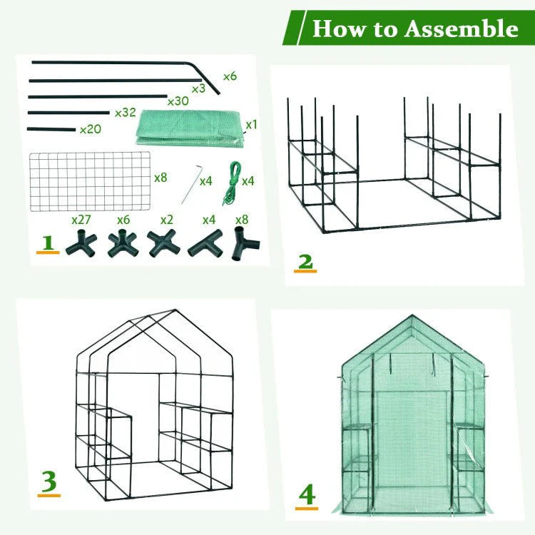 Walk-In Garden Greenhouse With Observation Windows, 56 in x 56 in x 77 in, 8 Shelves, Green