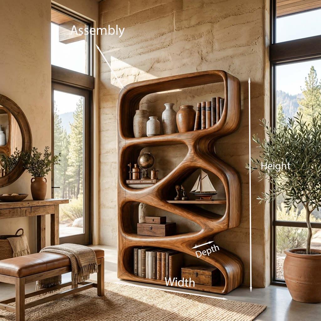 Artistic Wooden Bookshelf With Functional Open Display Shelving For Living