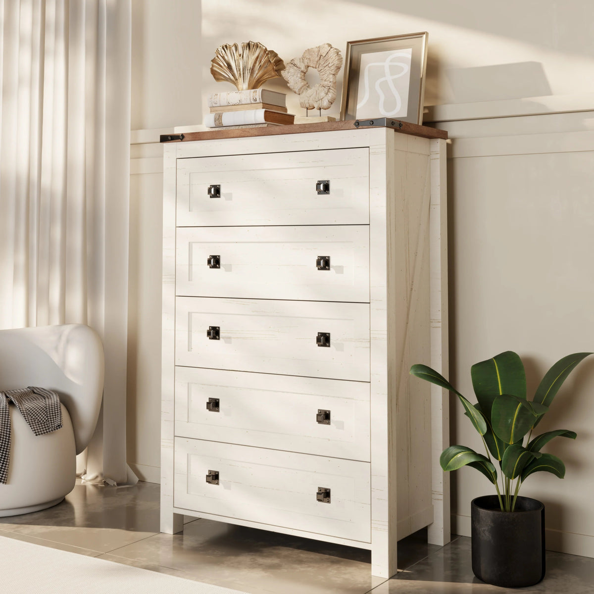 Farmhouse Engineered Wood 5-Drawer Dresser, 15.75in D x 31.25in W x 48in H