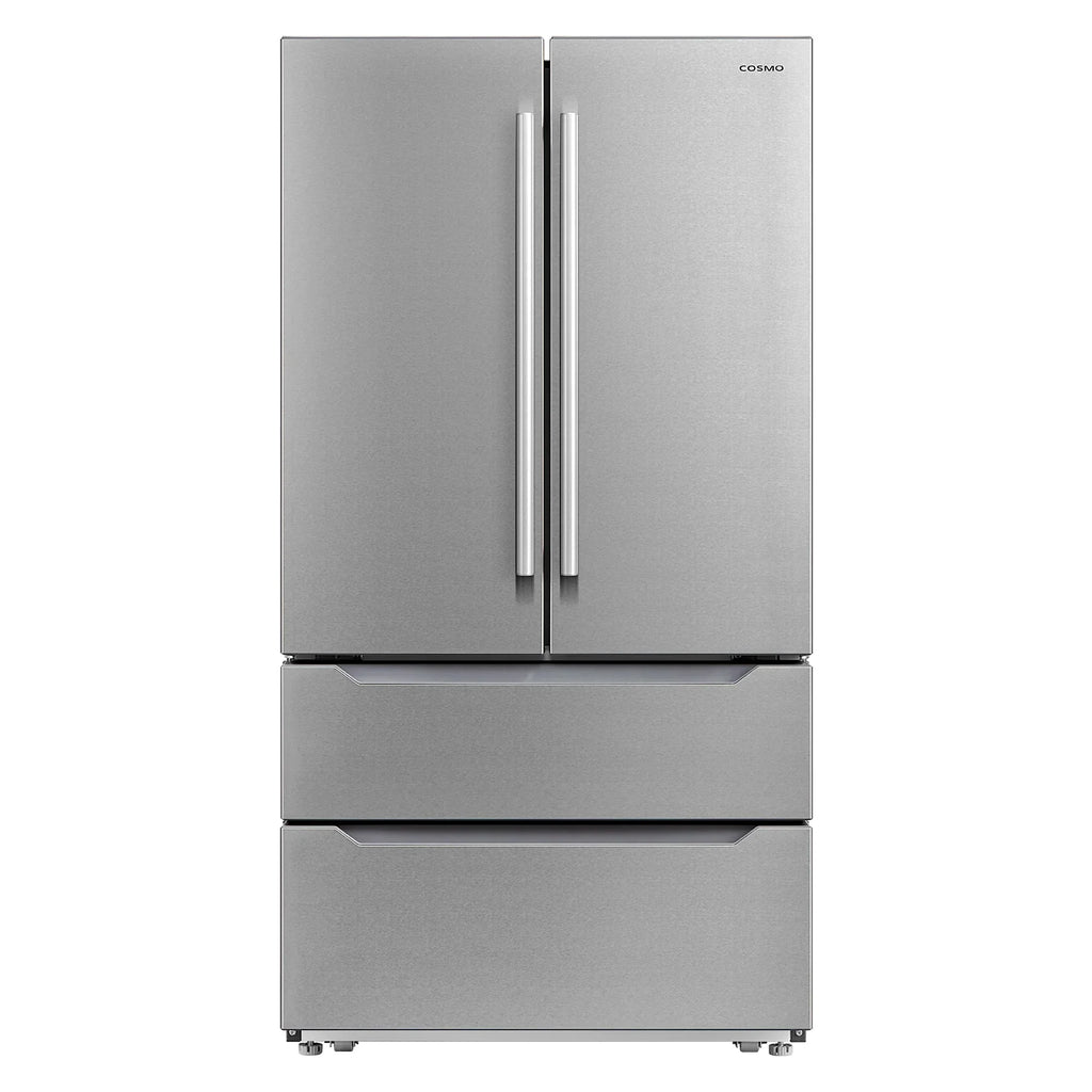 Cosmo 4-Piece Kitchen Appliance Package - 30 in Gas Range, Wall Mount Range Hood, 24 in Built-In Dishwasher, French Door Refrigerator