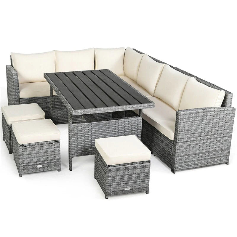 7-Piece Rattan Patio Dining Set With 3 Corner Chairs, 3 Ottomans And Table
