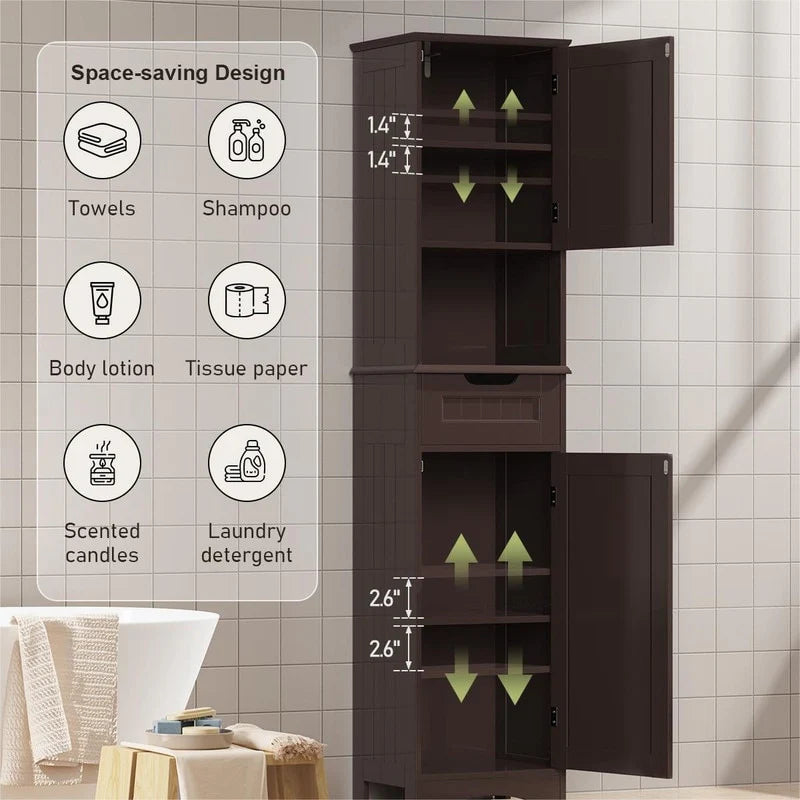 67 Inch Tall Narrow Bathroom Linen Storage Cabinet, 5-Tier Solid Wood Freestanding