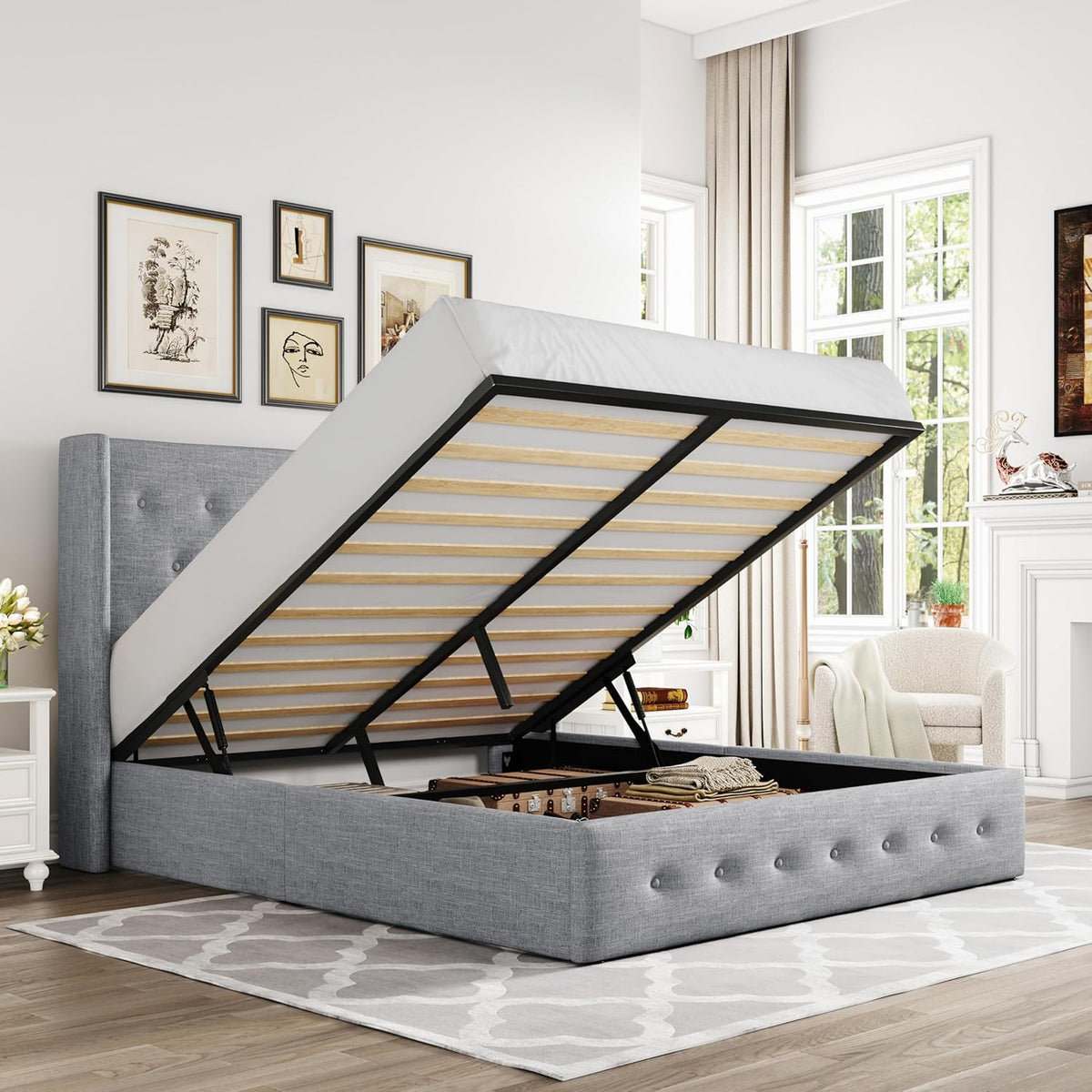 Queen Size Lift-Up Storage Bed With Wingback Headboard, Upholstered Platform Bed Frame With Hidden Storage