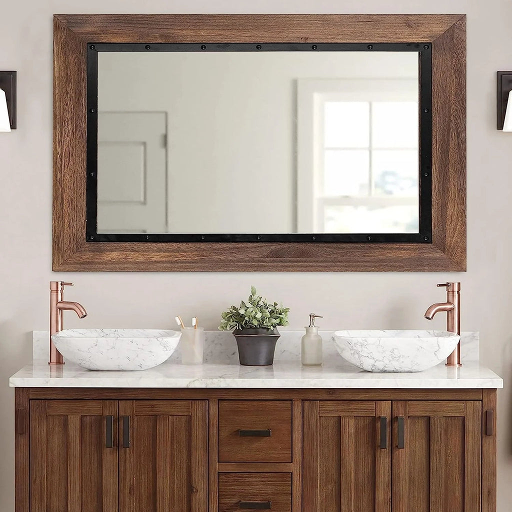 Solid Wood And Iron Framed Wall Mirror - 26 in x 18 in, 32 in x 24 in, 40 in x 26 in, 48 in x 30 in, 53 in x 28 in