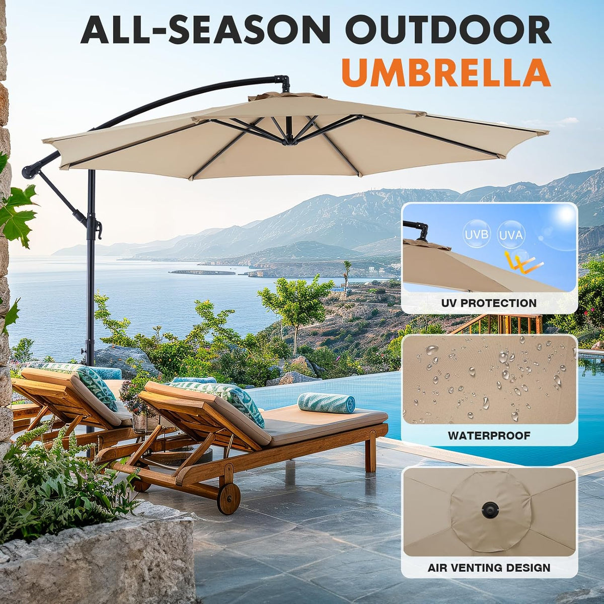 Sweetcrispy 9.8FT Offset Patio Umbrella With Easy Tilt Adjustment, 8 Ribs, Blue