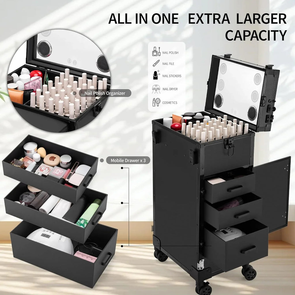 ZhenGuiRu Rolling Manicure Table With Drawers, Bluetooth Speaker, LED Mirror, TSA Lock - 15.3 x 10.8 x 30.8 in
