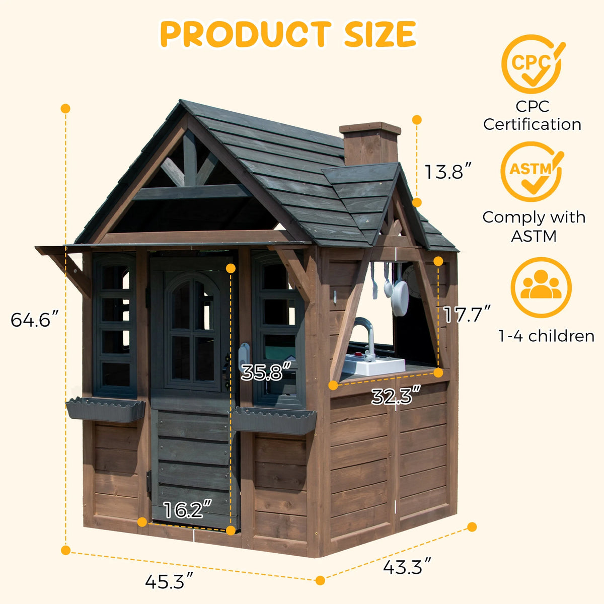 COCLUB Wooden Outdoor Playhouse With Doorbell, Phone And Kitchen Toys, 45in L x 43in W x 65in H