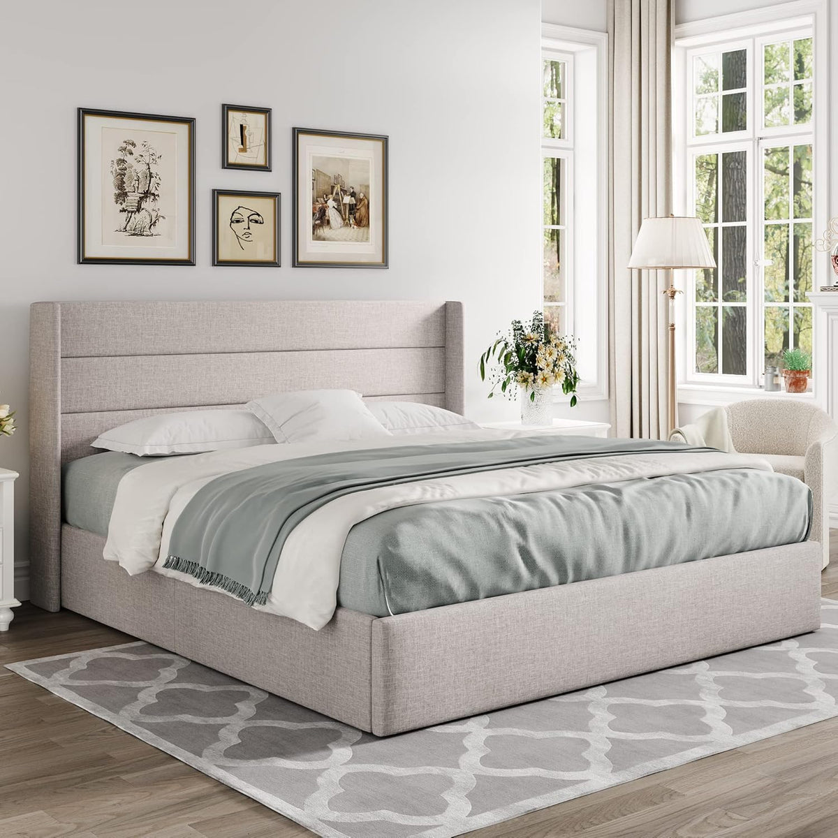 Queen Size Lift-Up Storage Bed With Wingback Headboard, Upholstered Platform Bed Frame With Hidden Storage
