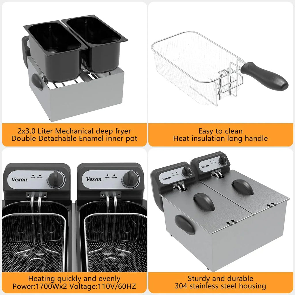 Commercial Electric Double Deep Fryer With 2 x 3L Baskets And Lids, 3000W, Stainless Steel - DF30A1N1X2