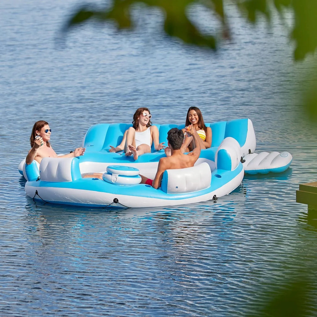 Inflatable Lake And Pool Relaxation Island Lounger, 145 x 125 x 20 in, Blue And White - 56299EP