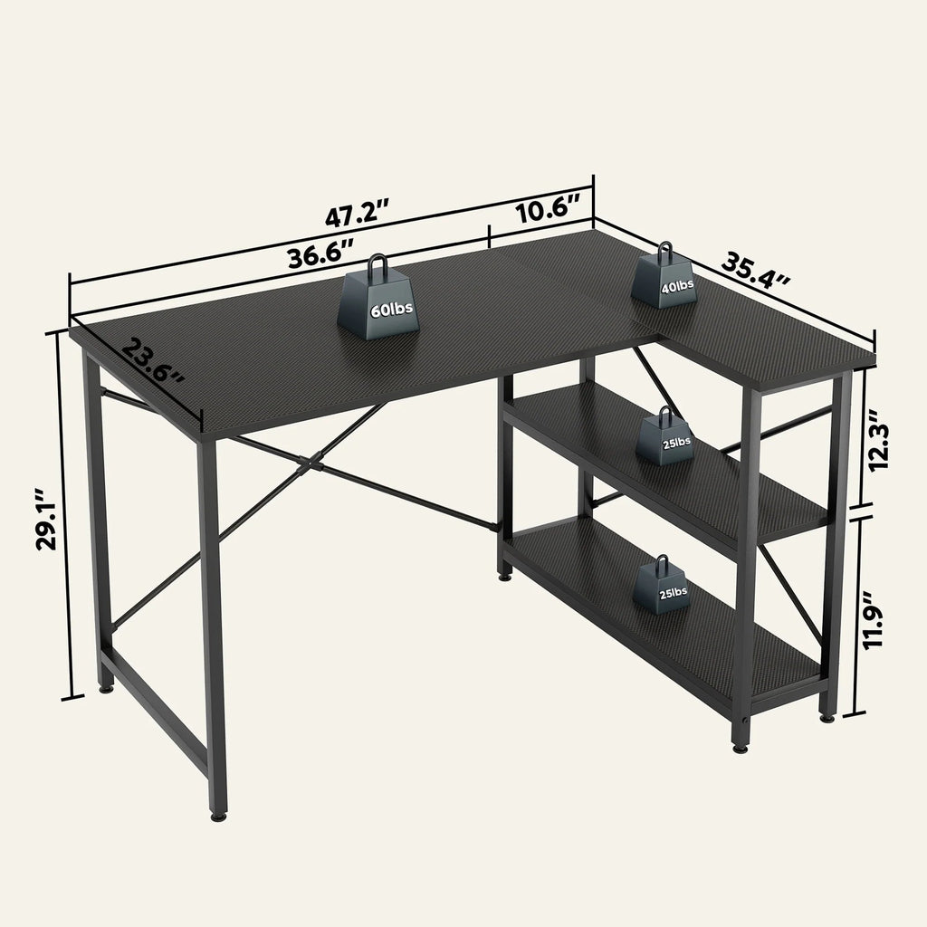 Small L-Shaped Computer Desk With Reversible Storage Shelves - 55-Inch / 47-Inch