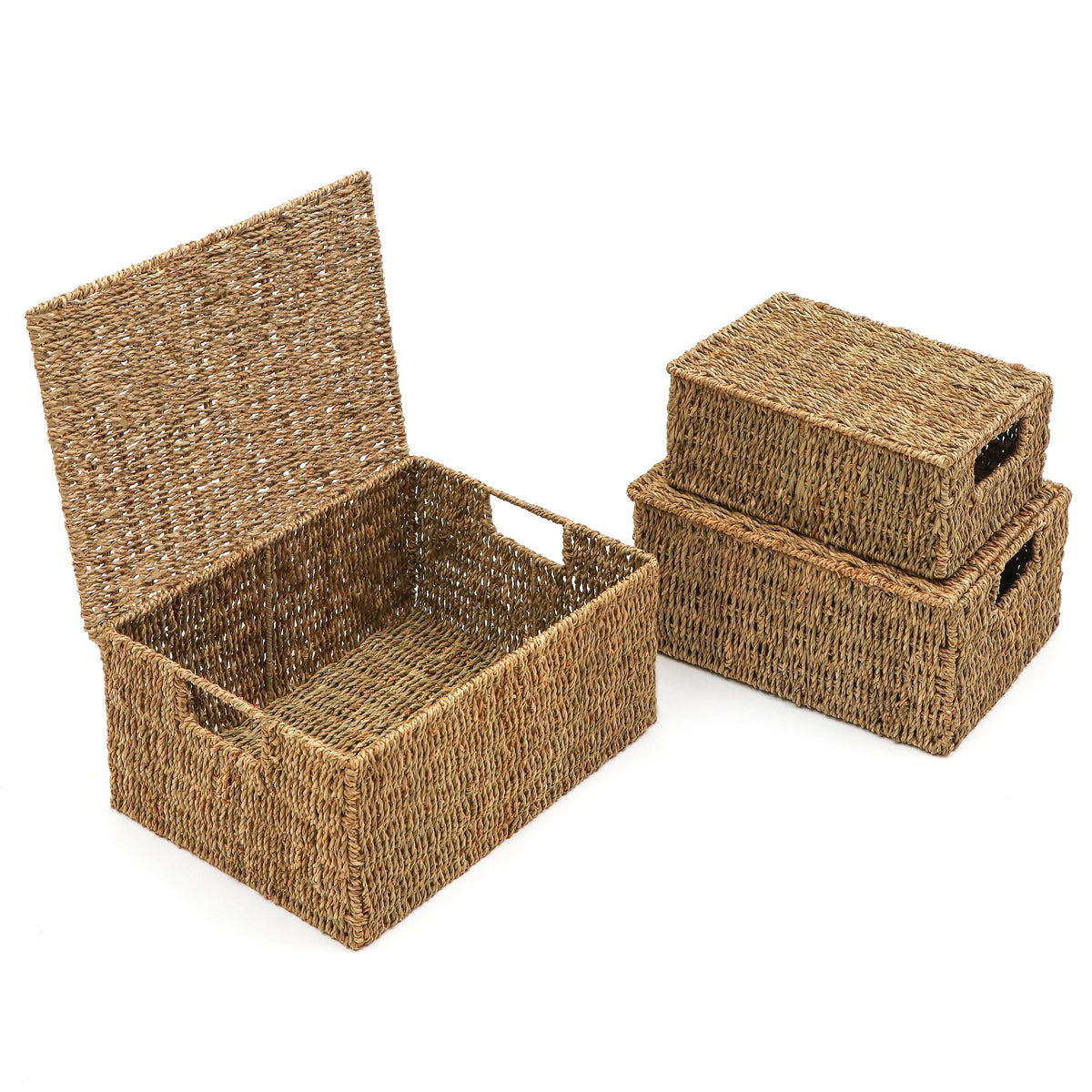Set Of 3 Small Rectangular Seagrass Storage Baskets With Lids - Natural Beige