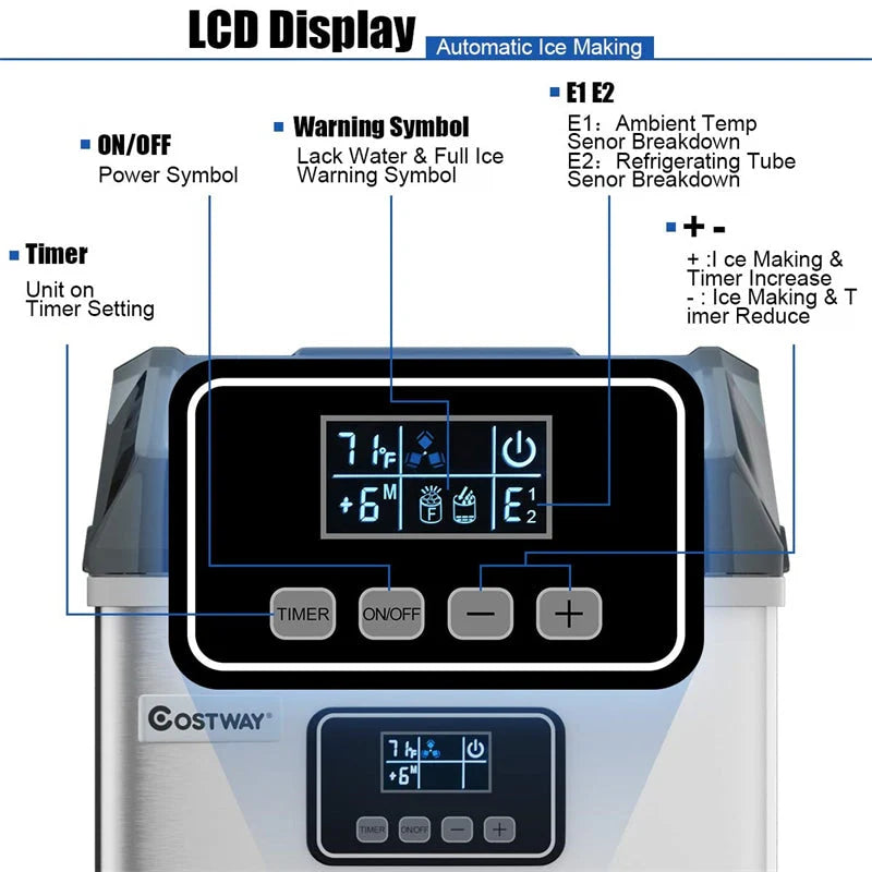 Stainless Steel Countertop Ice Maker, 48 lbs/24h, Silver, Self-Cleaning LCD Display