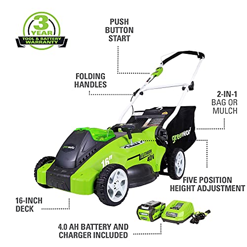 40V 16-Inch Cordless Electric Lawn Mower With 4.0Ah Battery And Charger