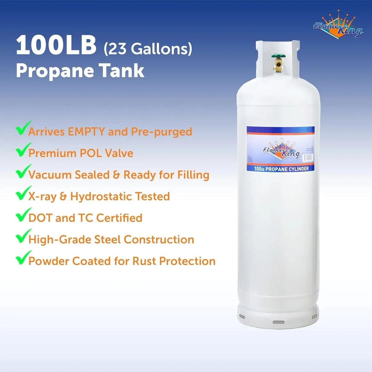 Flame King Steel 100LB Propane Tank Cylinder With POL Valve And Collar - YSN100b