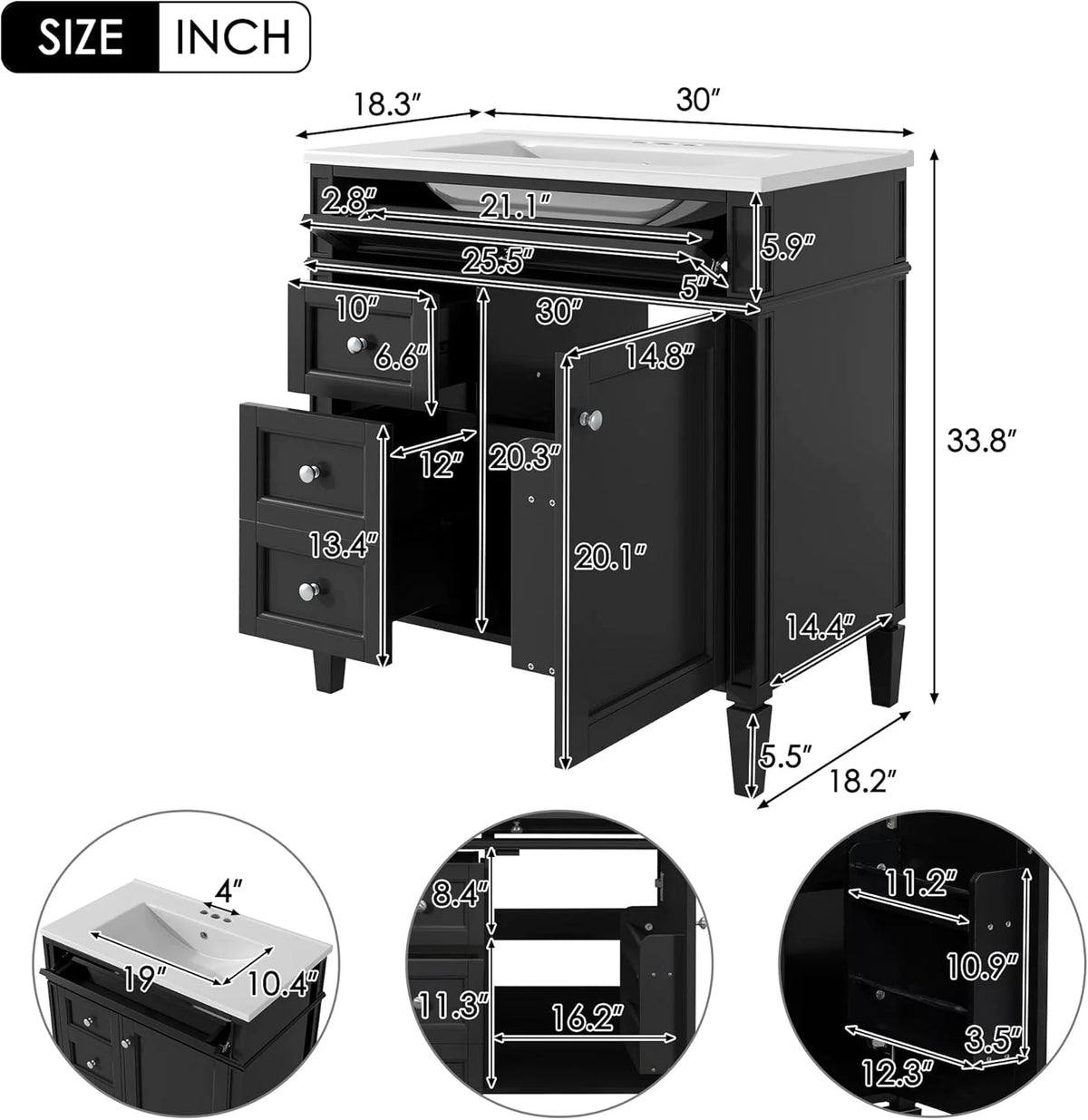 36 Inch Black Bathroom Vanity With Single Sink, 2 Drawers, Solid Wood Frame