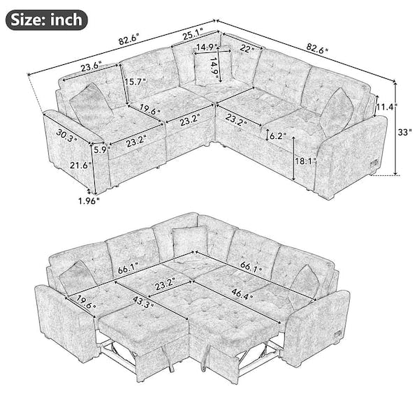 82.6 in L-Shaped Corded Velveteen Sectional Sleeper Sofa, Brown, USB Ports And Power Sockets - 82.6 in W x 82.6 in D x 33 in H
